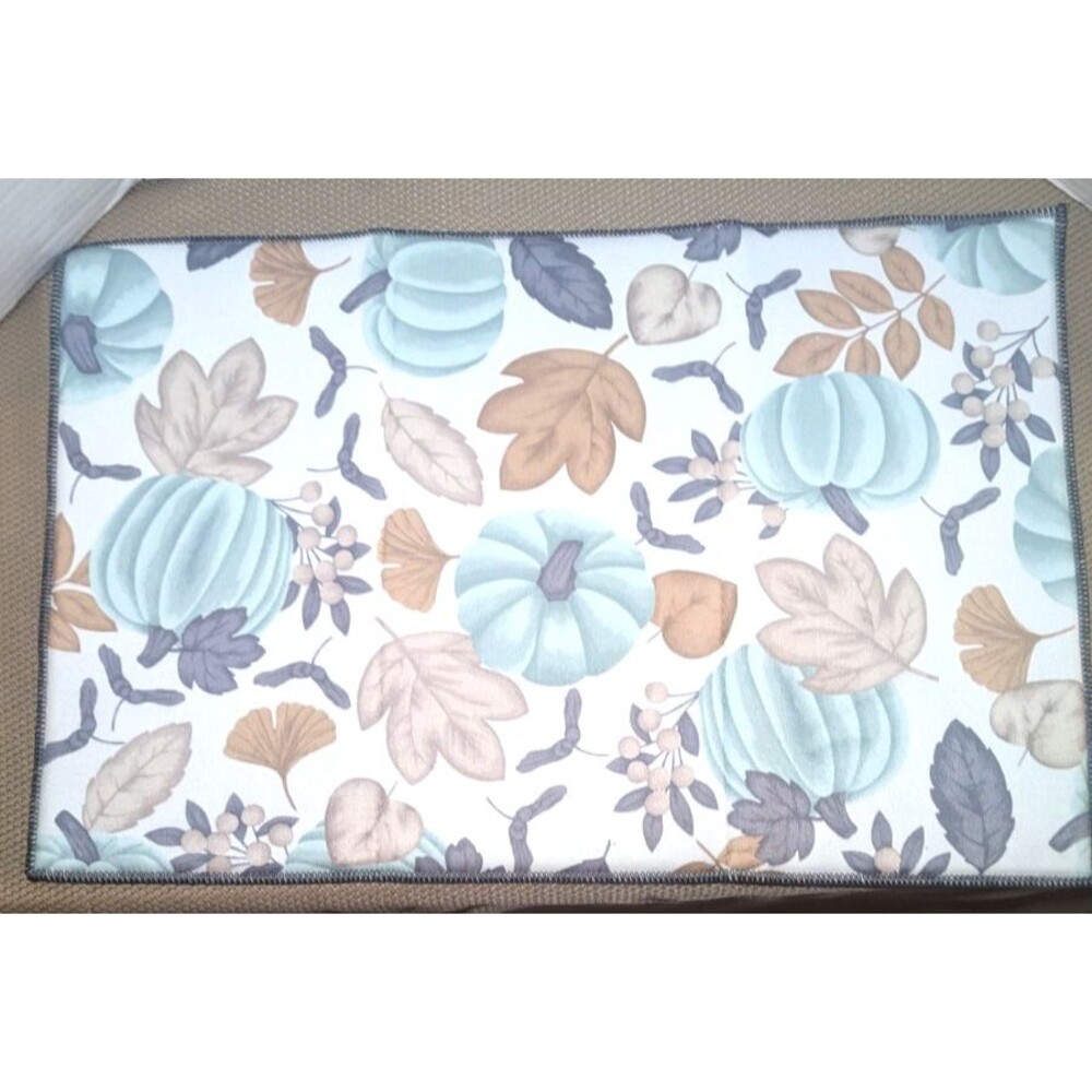 Blue Pumpkins Dish Drying Mat Fall Leaves White Reverses to Sea Green Kitchen